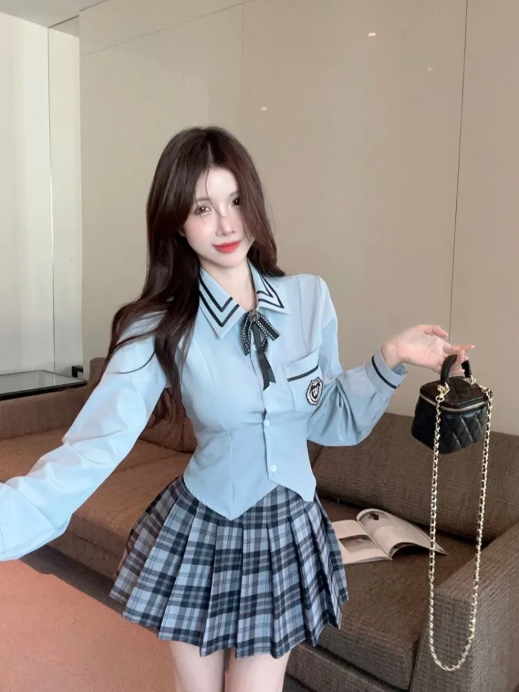 

American College Style JK Set Collar Waist-Cinching Long Sleeve Shirt High Waist Versatile Plaid Pleated Skirt Two-Piece...