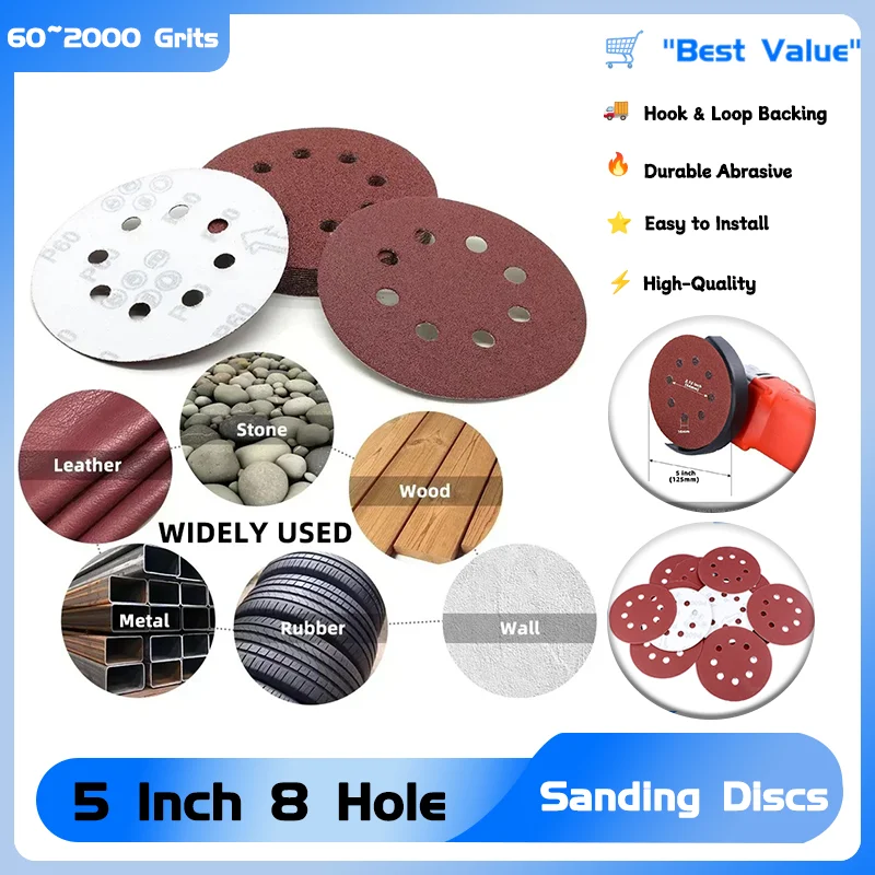 

5/10/100pcs 5" 125mm 8 Hole 60Grits ~ 2000Grits Hook Loop Sanding Discs Sandpaper Pads Set Sander Disc Abrasive Polishing Tools