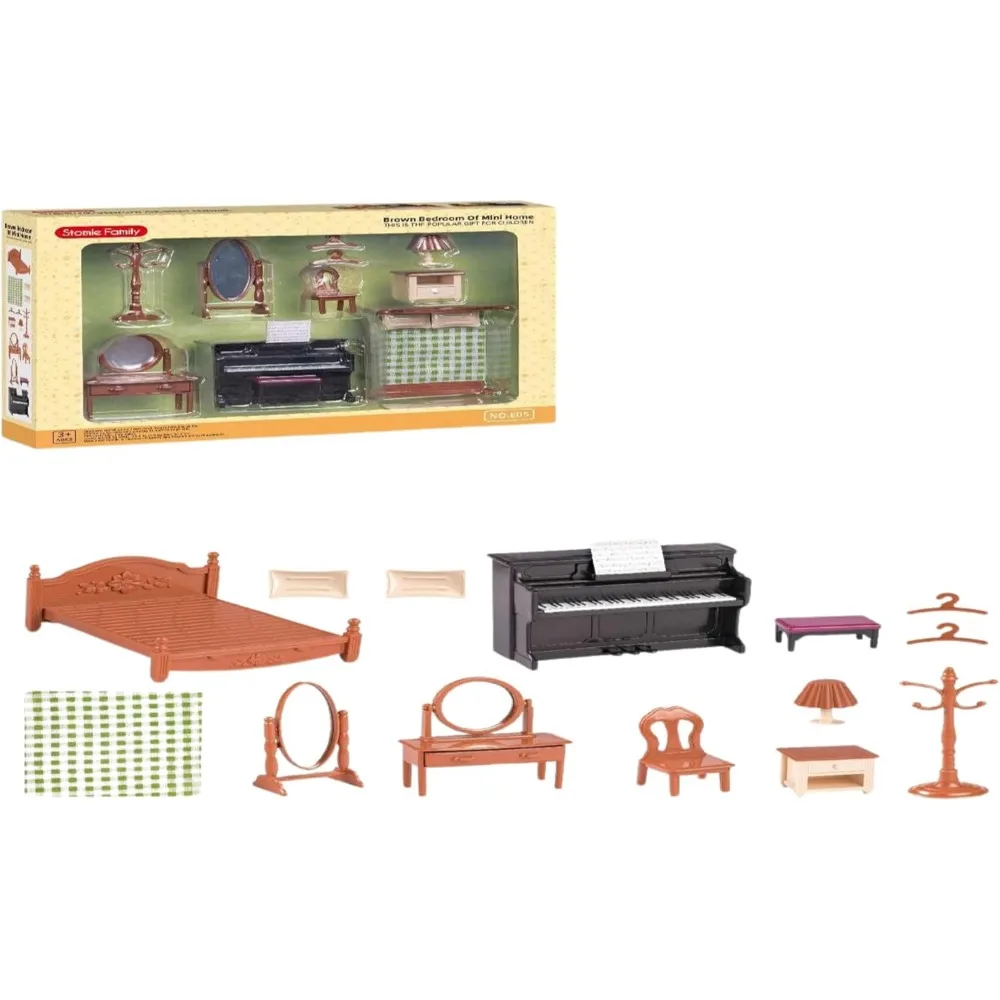 Deluxe Dollhouse Bedroom Furniture Set Bed Piano Vanity Nightstand Mirror Chair Lamp Coat Rack for Kids
