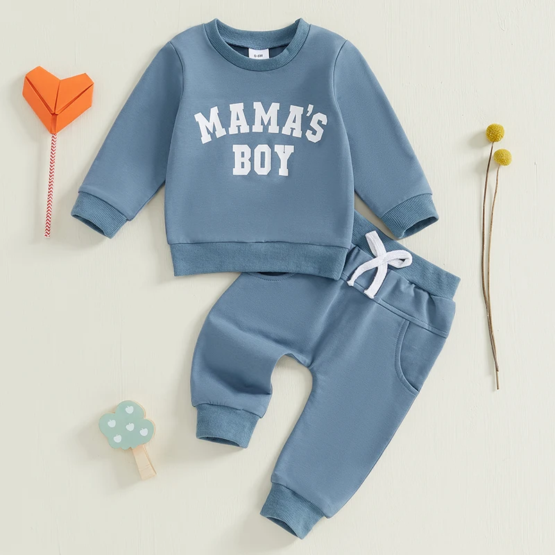 Baby Boy 2Pcs Fall Outfit Long Sleeve Letter Pattern Sweatshirt Contrast Color Pants Set Toddler Clothes