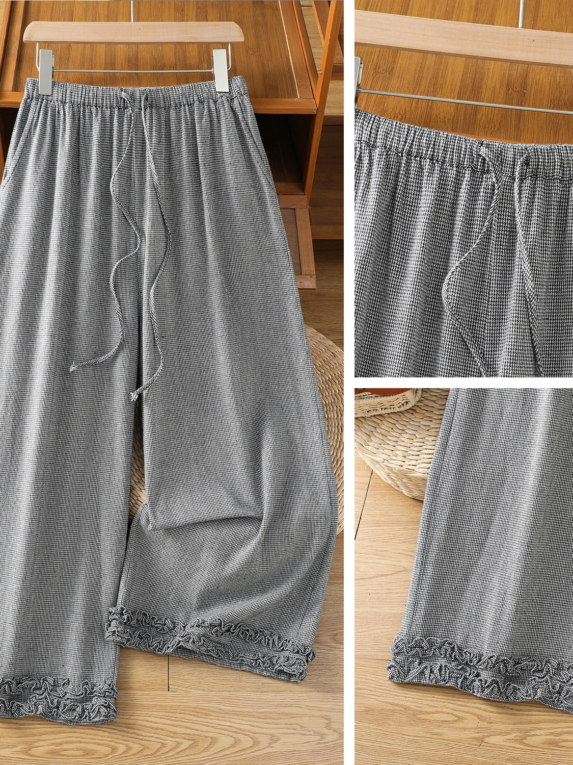 

Spring 2026 New Style Casual Wide Leg Pants Plaid Splicing Loose Fit Women's Casual Nine Point Pants High Waist Pocket