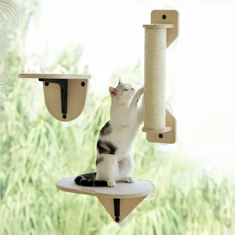 

Cat Window Perch Hammock with Climbing Steps and Scratching Post Wooden Window Mounted Cat Bed for Indoor Cats