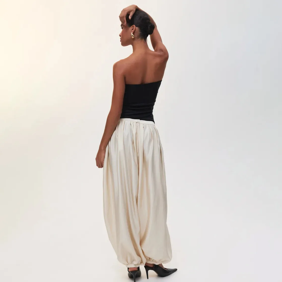PUAL Luxury Satin Lantern Pants 2025 | High-Waisted Ruched Baggy Trousers | Elastic Cuff Harem Pants | Elegant Loose-Fit Women's