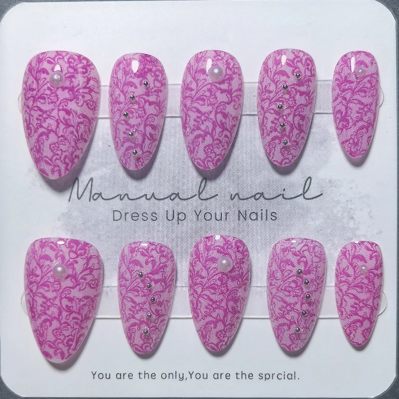 10pcs Almond Handmade Press on Nails Magenta Vine and Emerald Green Bamboo Panda Print Acrylic False Nails Glossy Gel Manicure