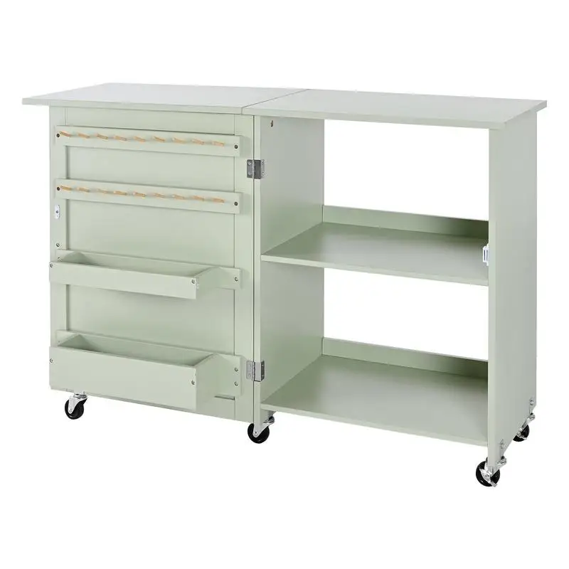 Folding Sewing Table, Multipurpose Sewing Machine Table with Compact Design, Wheels, Wooden Pegs, Storage Trays and Shelf, Magnetic Door Lock, Craft Station and Side Desk for Home, Light Green view 3