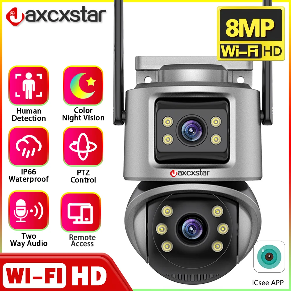 4K 8MP Wifi PTZ Camera Outdoor Dual Lens Dual Screen Auto Tracking IP Camera CCTV Two-Way Audio Video Surveillance P2P ICsee/XM