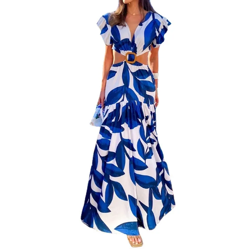 캐주얼 플로럴 프린트 여성용 루즈핏 허리 컷아웃 홀리데이 가운 V넥 하이웨이스트 A라인 스커트