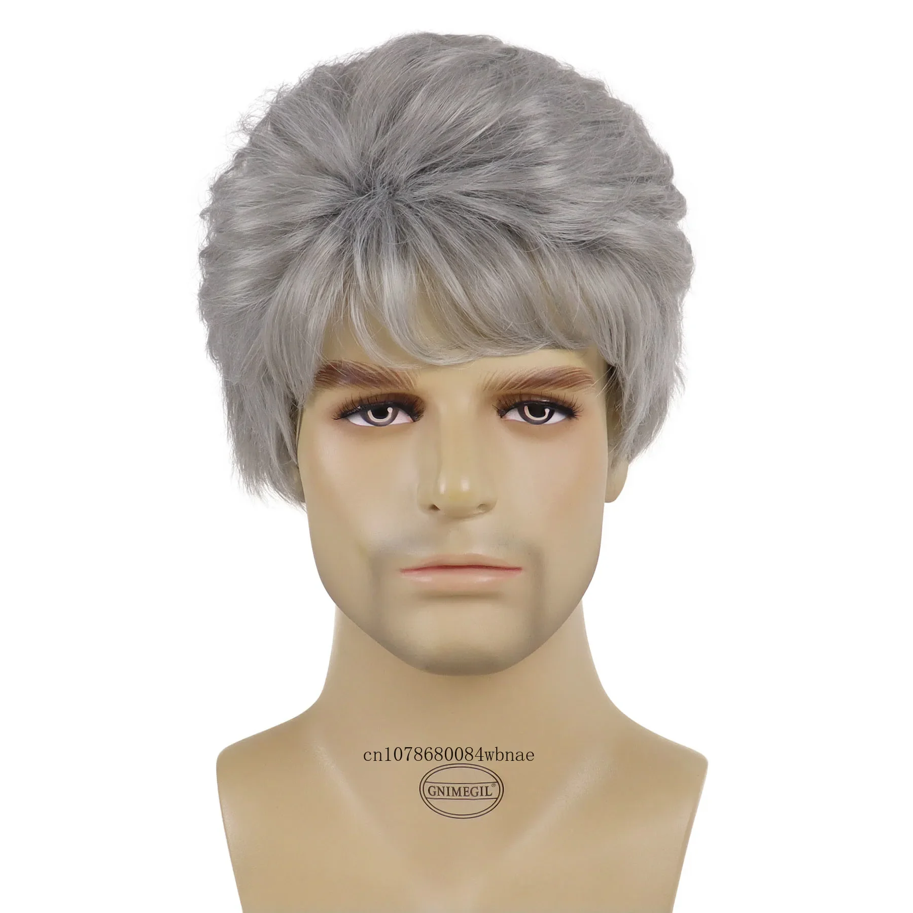 Layered Old Man Grey Wigs Synthetic Hair Short Gray Wig with Bangs for Men Father Daily Cosplay Costume Party Heat Resistant