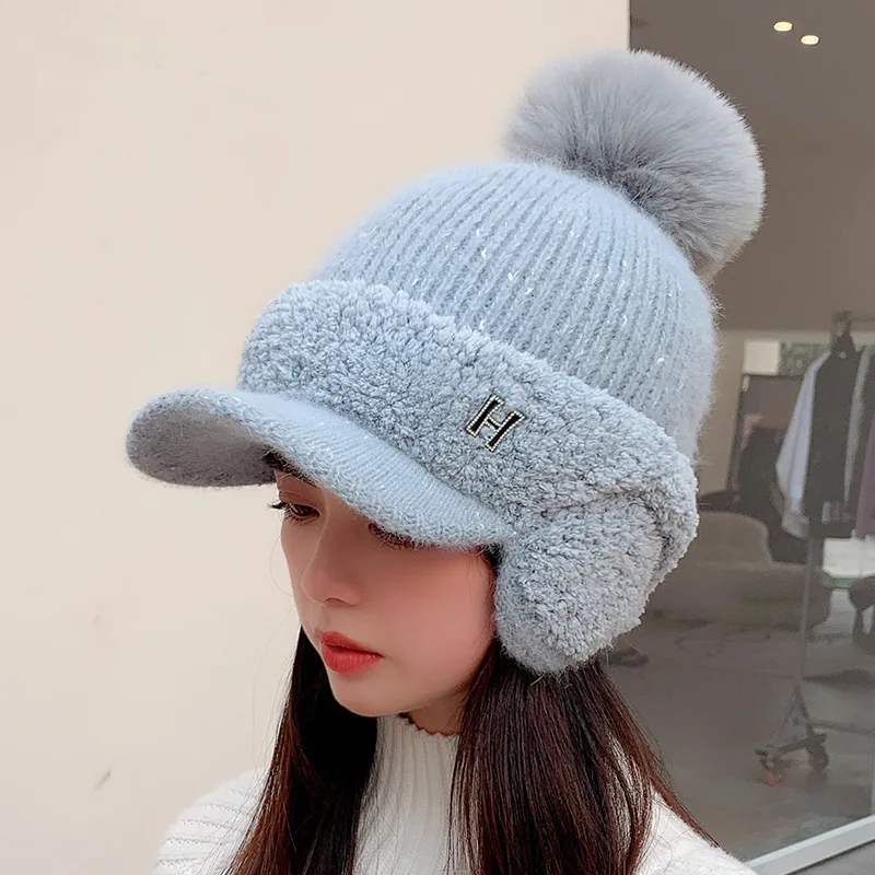 CNTANG Winter Women Ear Protection Baseball Cap Letters Thickened Fur Ball Caps Fashion Knitting Warm Ladies Duck Tongue Hat