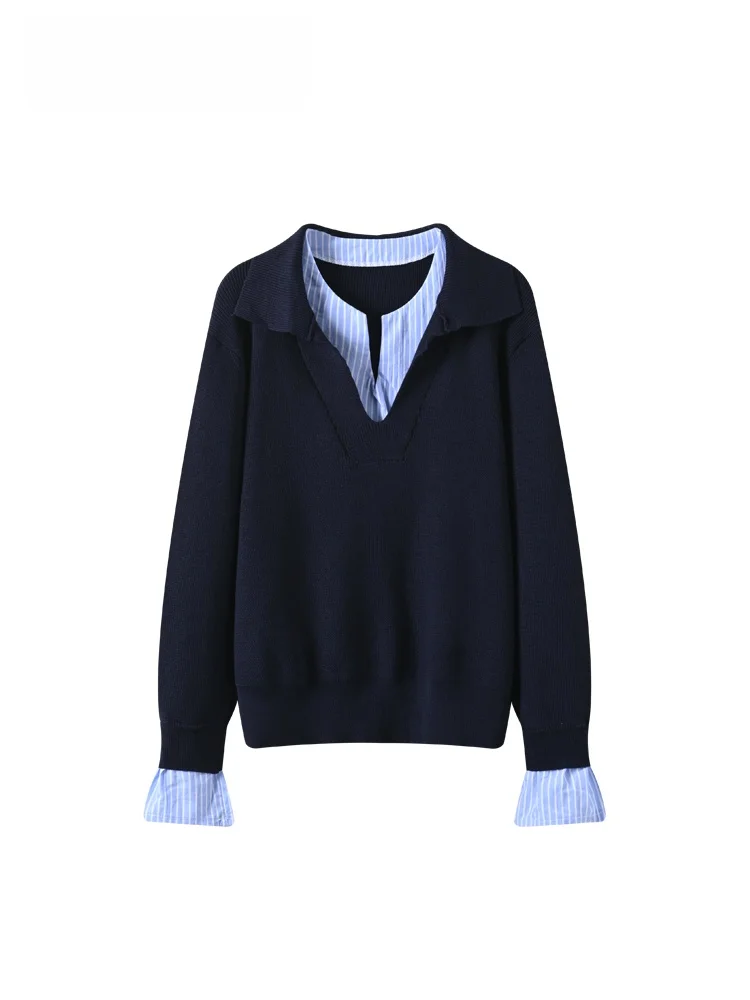 

Женская зимняя блузка большого размера с длинным рукавом, новая модель, утягивающая, в полоску, с лоскутным узором, имитация двухслойности, Cara CLUB