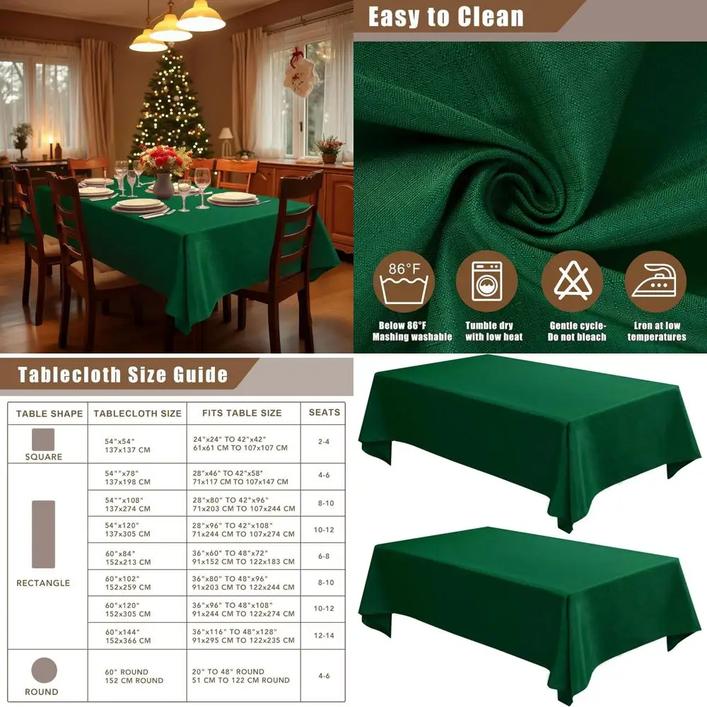 

Green Burlap-Textured Linen Christmas Tablecloths, 60x120 Inches, Perfect for Holiday Parties and Farmhouse Decor