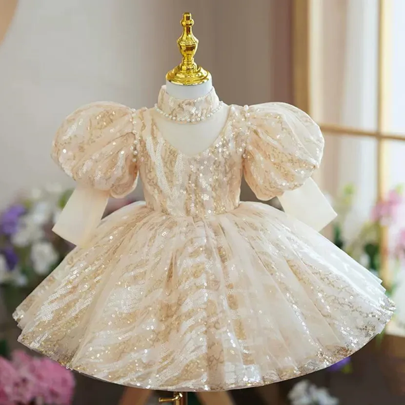 

High-End Children's Prom Evening Gown Sequins Design 1st Birthday Wedding Girls Baptism Eid Dress Kids Christening Clothes A2147