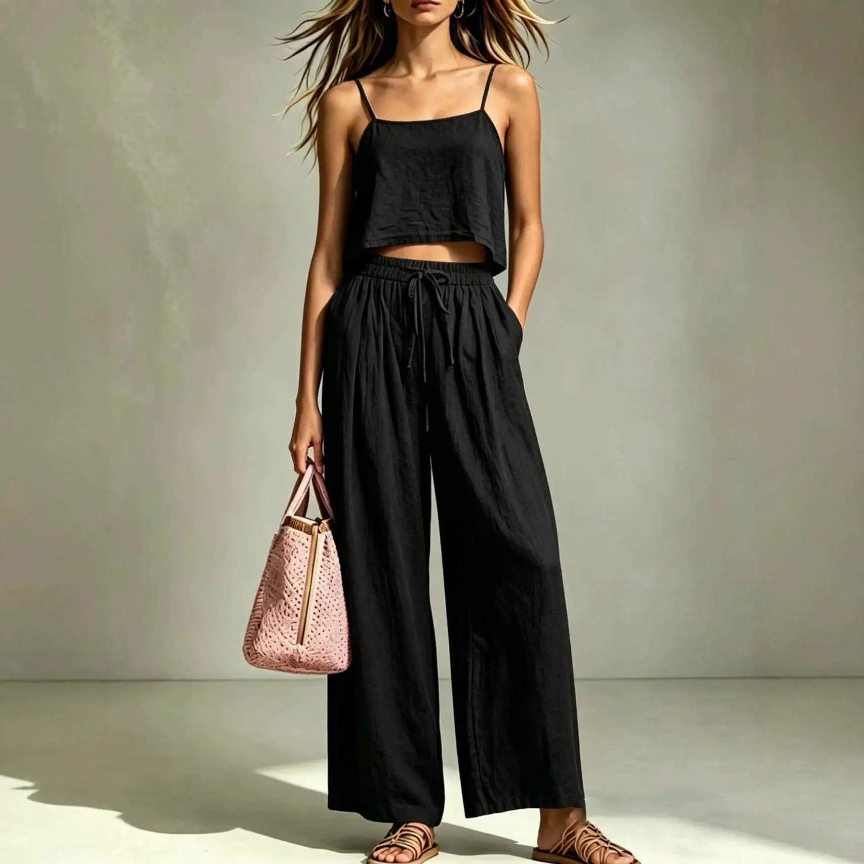 Fashionable Casual Women's Two-Piece Set Strap Vest And Loose Wide Leg Pants Summer 2026 Cross-Border New Style Leisure Pants
