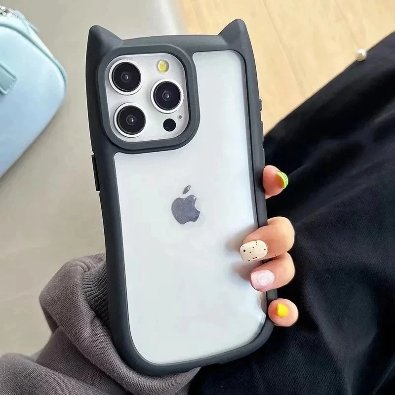 Weiche Silikon süße Katze Ohr Handytasche für iPhone 16 17 13 15 14 12 11 Pro Max Air XS Max Funda transparente stoßfeste Rückseite