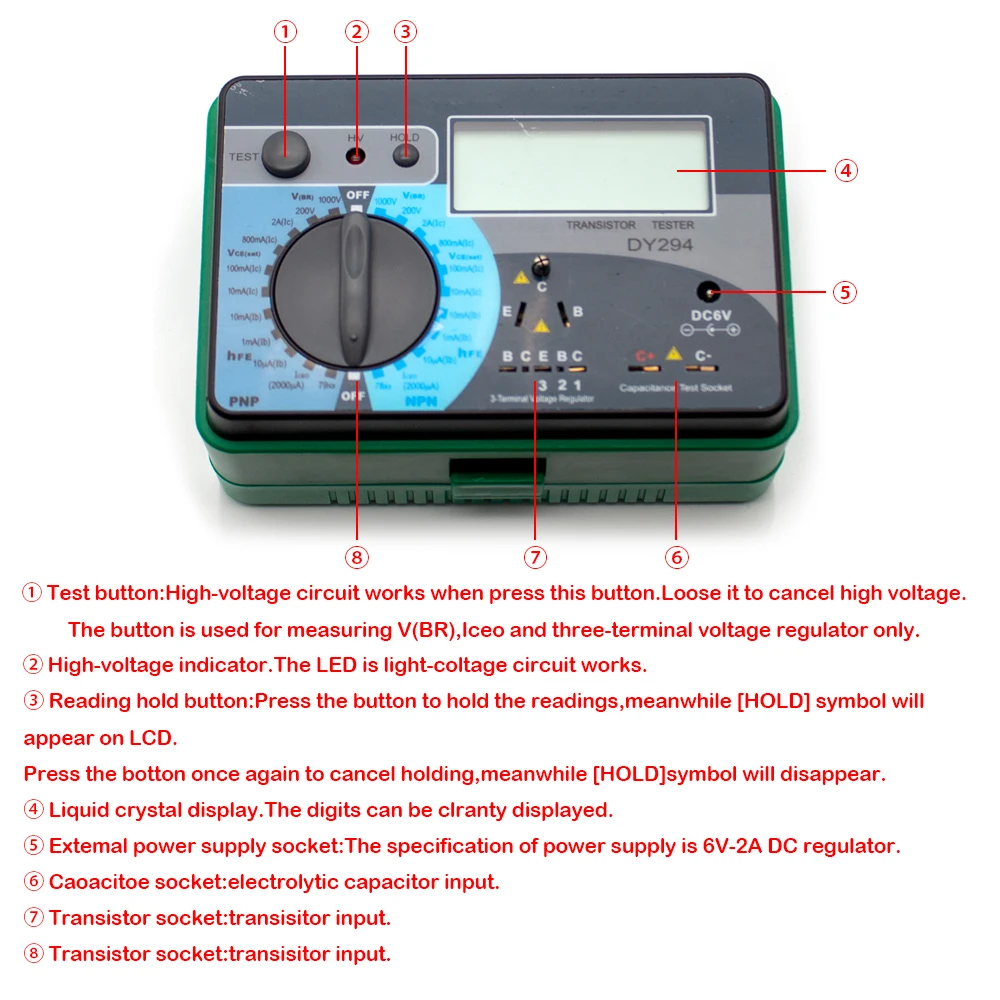 Multifunction Digital Transistor Analyzer Tester Semiconductor Diode Triode Reverse AC DC Voltage Capacitance FET DY294