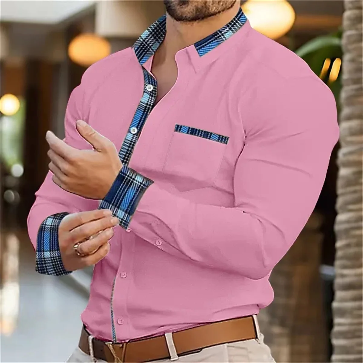 2024 men's pink patchwork printed pocket shirt, fashionable and luxurious lapel long sleeved single breasted casual top