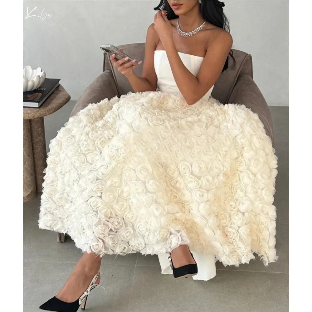 

Kobe White Simple Prom Dress 3D Flower Wedding Dresses Strapless Backless Sleeveless Ankle-Length vestidos de noche Customized5