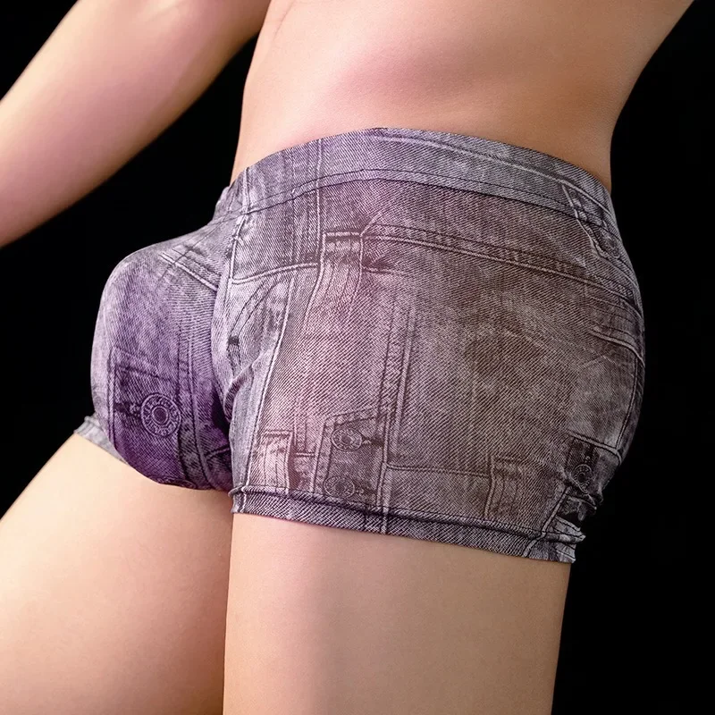 

Denim Print Translucent Mens Sexy Flat U Convex Pouch Boxers Soft High Elasticity Male Shorts Hombre Underwear Low Waist 2025
