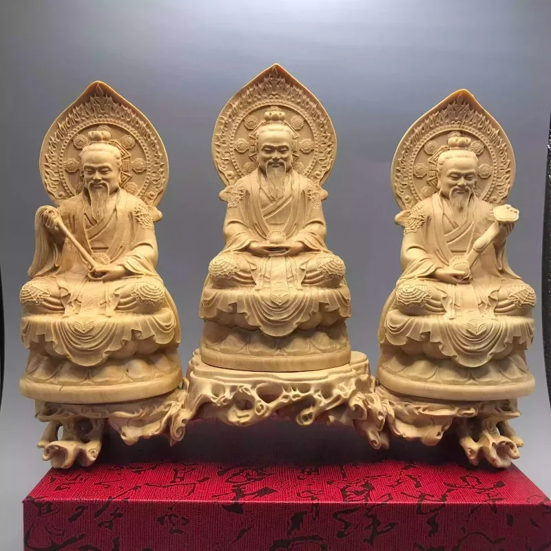 Hand Carved Boxwood Wooden San Qing Statues Set (3pcs) - Taoist Three Pure Ones Deity Ornament Home Office Desk Decor Gift