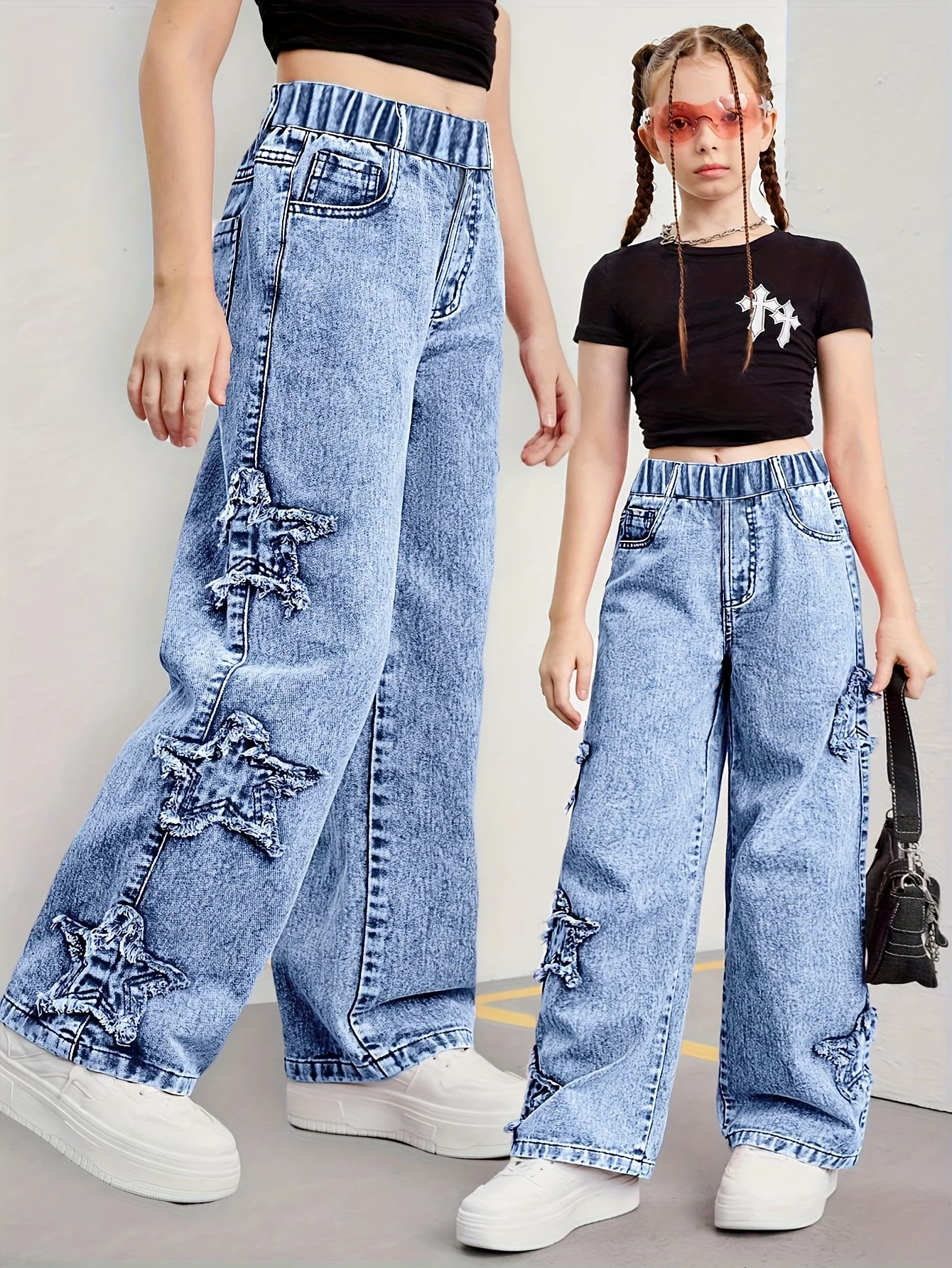 Girl's Denim Pants, Y2K Five-Star Patch Embroidery Pattern Straight-Leg Denim Pants, Holiday-Style Pants