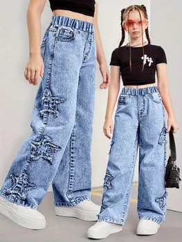 Girl's Denim Pants, Y2K Five-Star Patch Embroidery Pattern Straight-Leg Denim Pants, Holiday-Style Pants