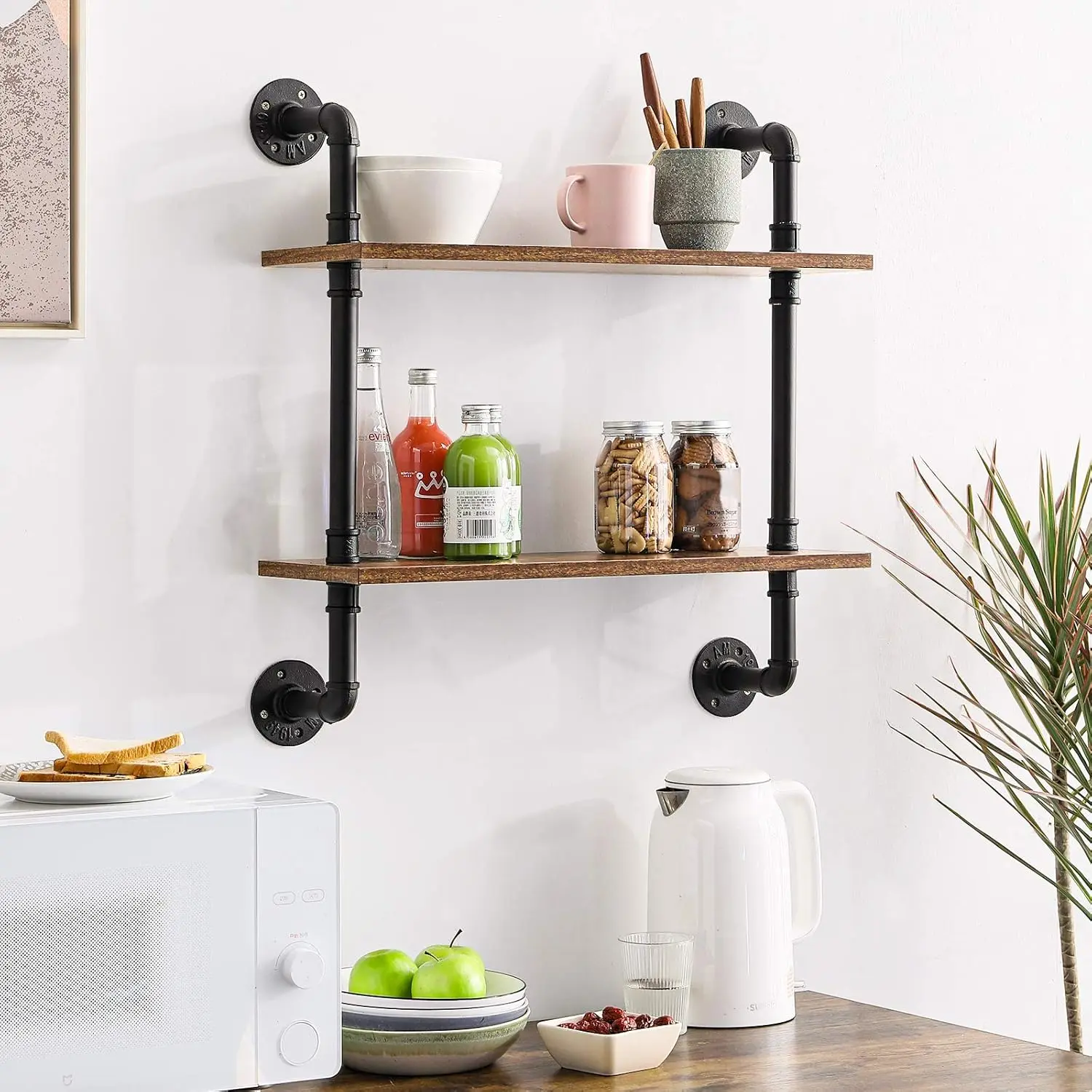 

Ibuyke 26"" Pipe Floating Shelves,2-Tiers Industrial Pipe Shelves, Rustic Wall Mount Bookshelf,Metal Bracket Storage Wall Shelf