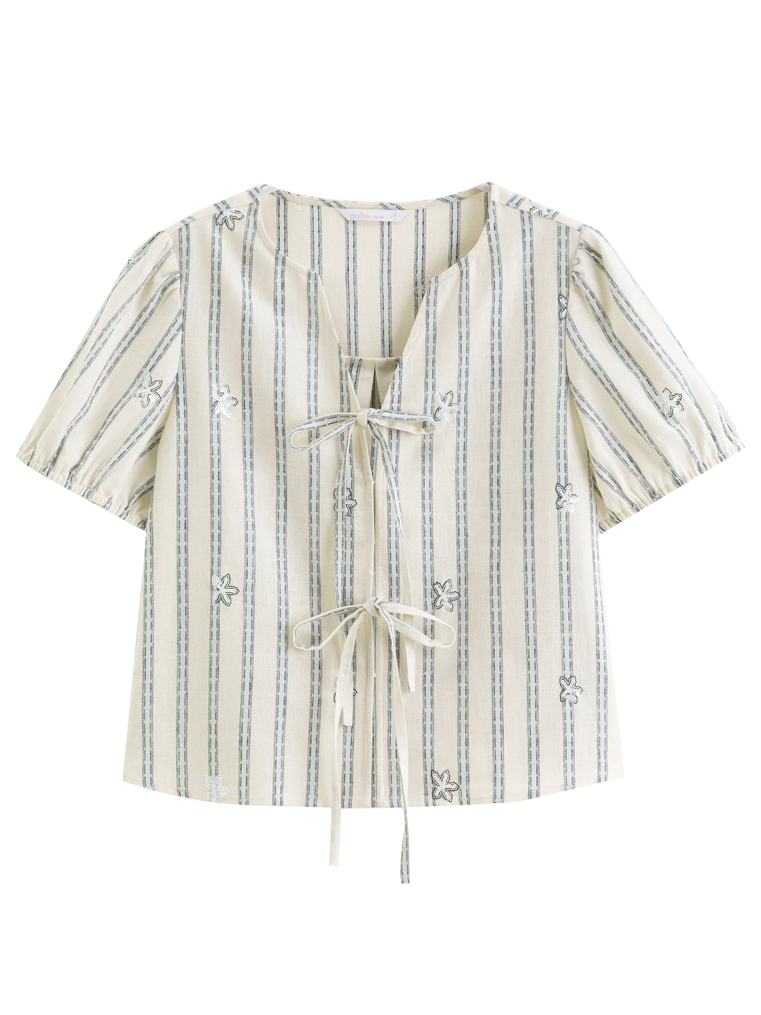 DUSHU 2026 Neue Sommer Damen Bluse mit Streifenmuster und V-Ausschnitt, Kurzarm, Perlenbesetztes Leinen-Baumwoll-Oberteil für einen koketten & entspannten Alltagsstil – Detail 10