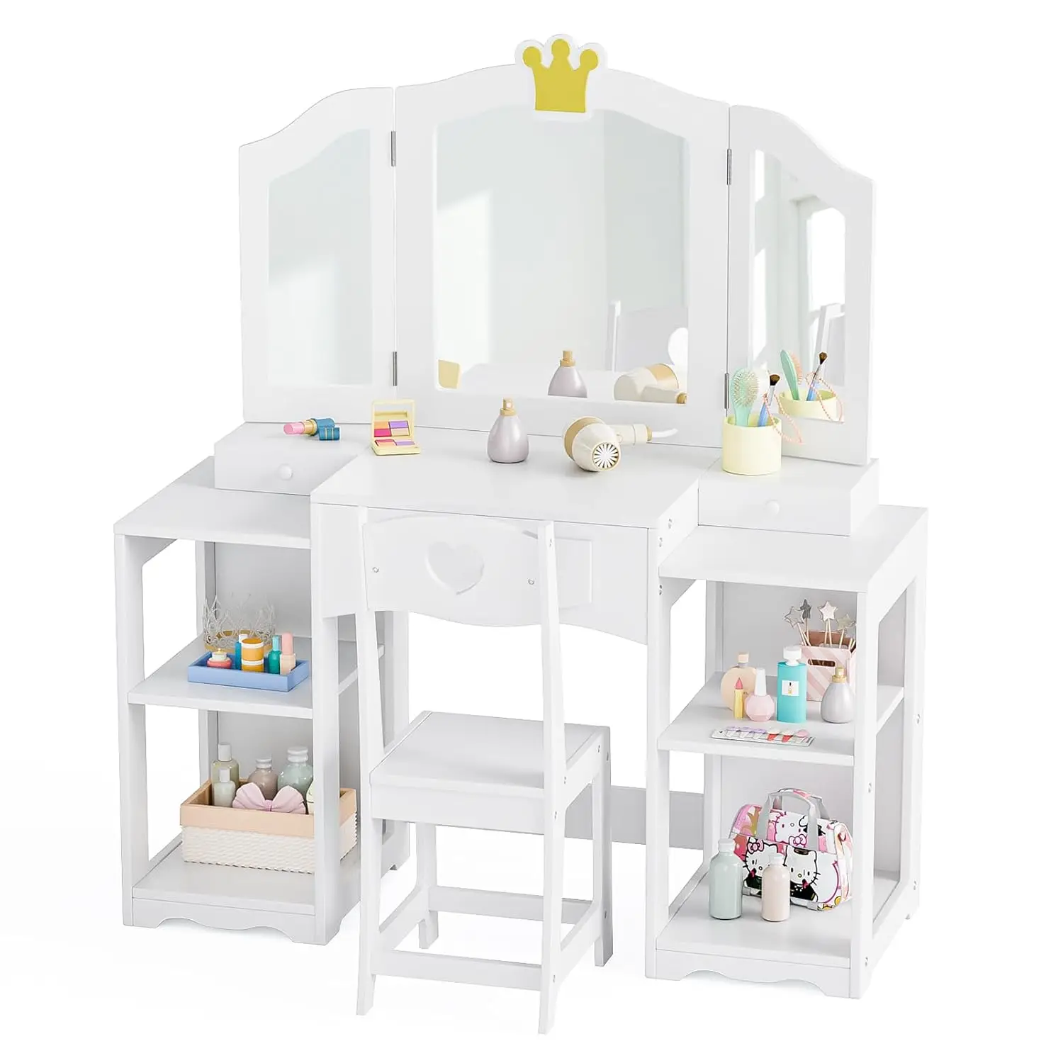 #Kids Tri-Fold Mirror Vanity Table & Chair Set Extra-Wide Dressing Table Stool Girls Bedroom