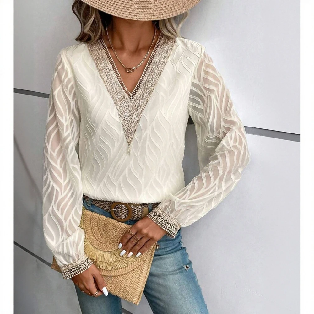 

Осенне-зимние блузки 2025. Женские блузки с длинным рукавом и v-образным вырезом. Однотонные эластичные блузки обычного кроя.