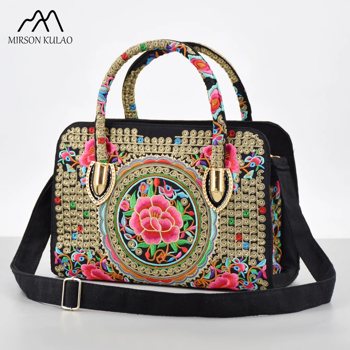 Stylish ethnic style embroidered handbag Women's bag Canvas shoulder bag with zipper large capacity embroidery Tote bag