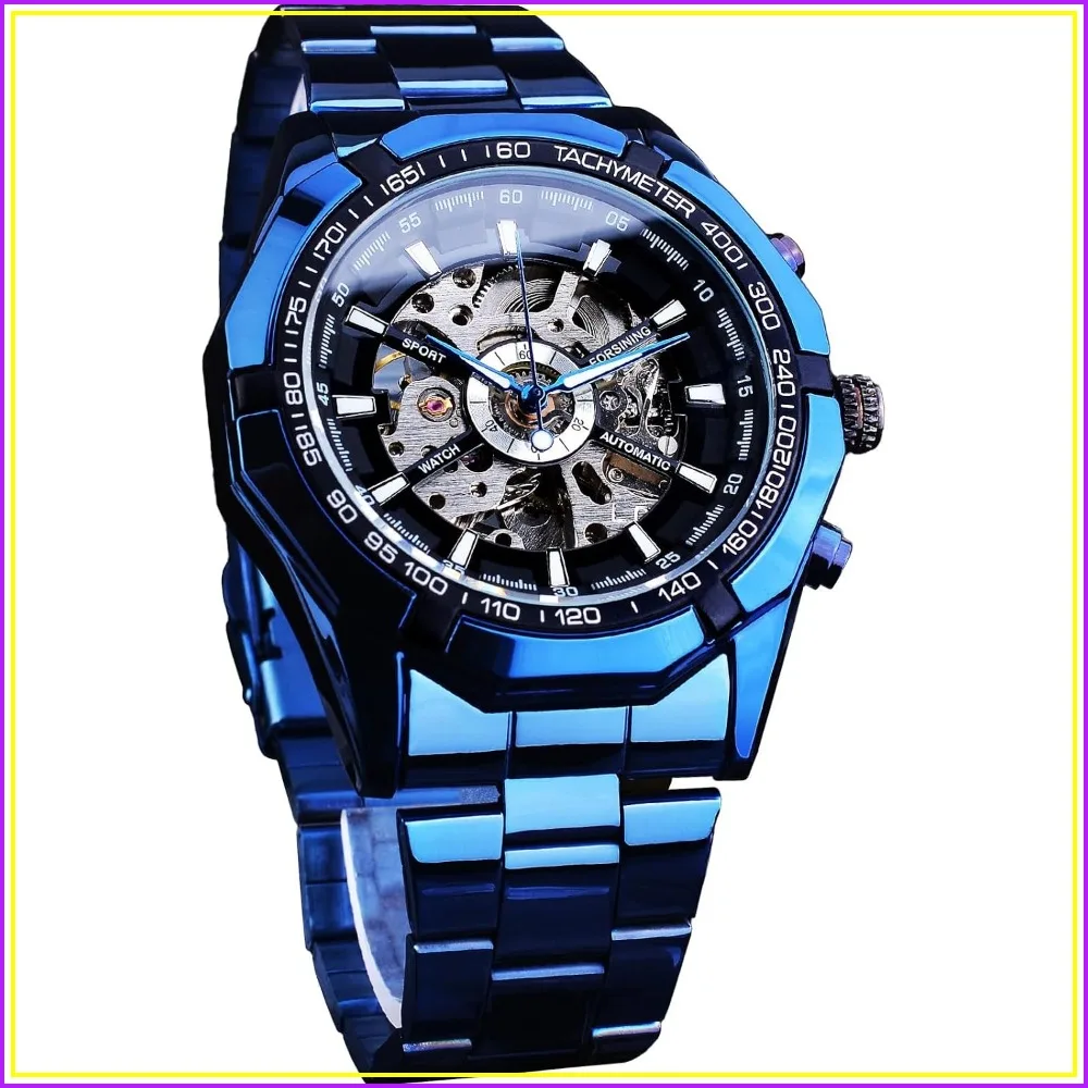 Men's Mechanical Watch Skeleton Self-Wind Blue Black Stainless Steel Band Waterproof Automatic Luxury