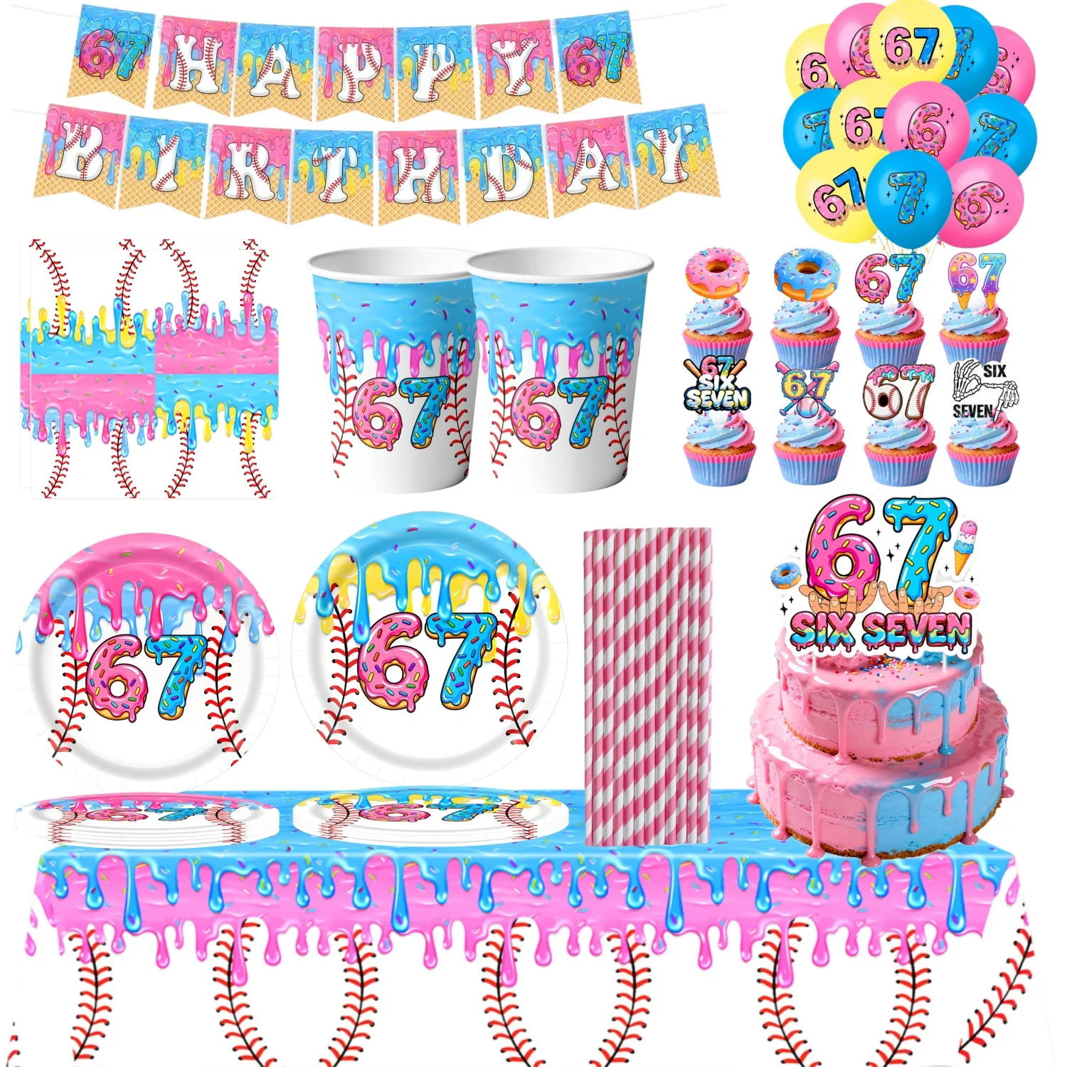 Funny 67 Six Seven Birthday Decorarions Set Disposable Tableware Tablecloth Cup Plate Napkin Balloon Baby Shower 67 Party Favors