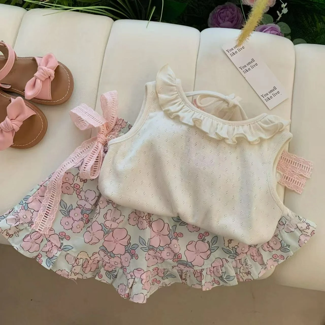 Summer Girls' Clothing Set Fashionable Thin Doll Collar Hollowed Out Sleeveless Vest + Floral Shorts Princess Sweet Kids Suits