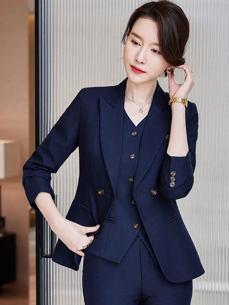 Women Formal Blazer Vest and Pant Suit Autumn Winter Navy Pink Apricot Office Ladies Business Work Career Wear 3 Pieces Set