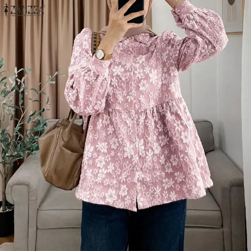 

2026 Elegant Shirts ZANZEA Women Autumn Long Lantern Sleeve Muslim Tops Relief Fabric Blouse Spring Elegant Holiday Work Blouses