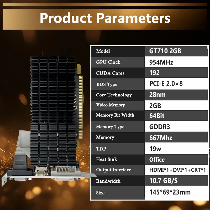 AIBOMAN GT710 2GB Graphics Cards GDDR3 64BIT 19W 23NM PCI-E 2.0x8 HDMI DVI CRT Game Video Office Design