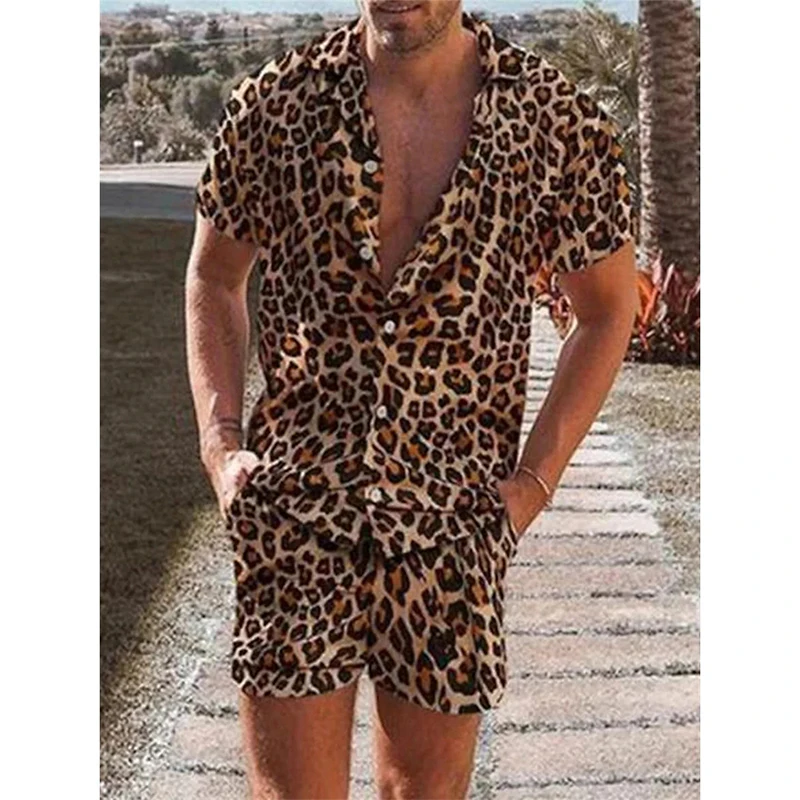 Leopard Print Shirt For Men Short Sleeve Male T-shirt Tops Summer Casual All-match Hawaiian Beach Shirts Mens Plus Size Tees