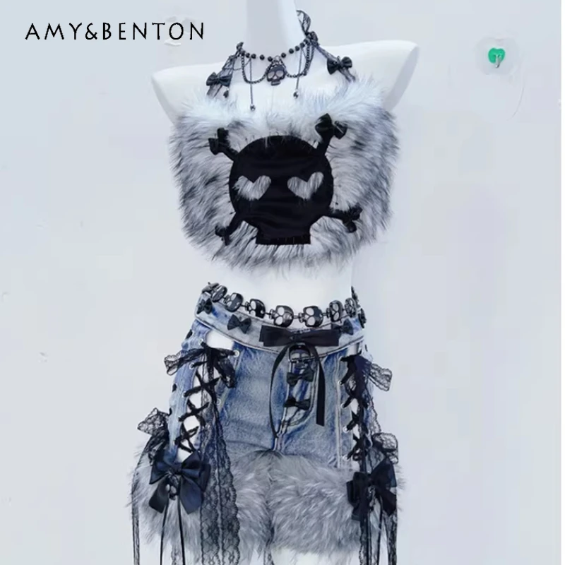 

Original Gothic Retro Design Plush Women's Vest 2026 Spring New Sweet Cool Lace Hollow Out Splicing Short Skirts Sets Ladies