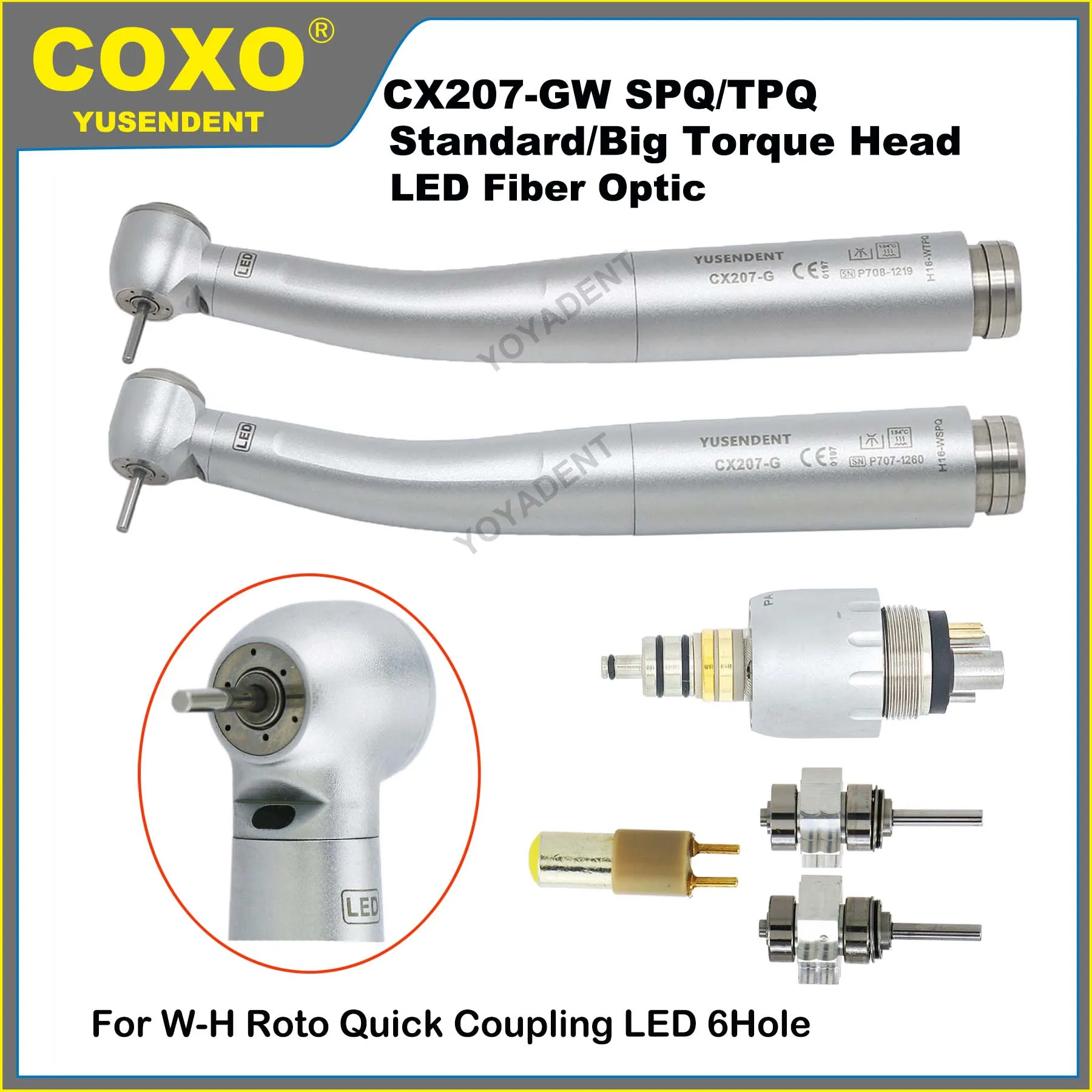 Image of COXO Dental Turbin Fiber Optic High Speed Handstück Air Turbine Standard/Torque Kopf LED Kupplung 6Pin Fit W-H
