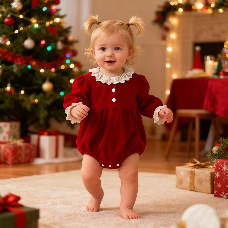 

2025 New Christmas Toddler Baby Girls Romper Autumn Long Sleeved Lace Collar Lnfant Baby Jumpsuit 0-24M Children Sweet Clothes