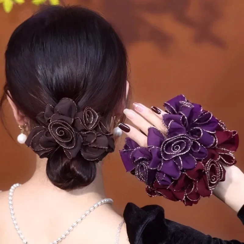 Phnom penh hochela tische Haar bänder 3 Blumen Französisch klassische Doppels chicht Haar bänder große Haar gummis für Frauen accesorios mujer