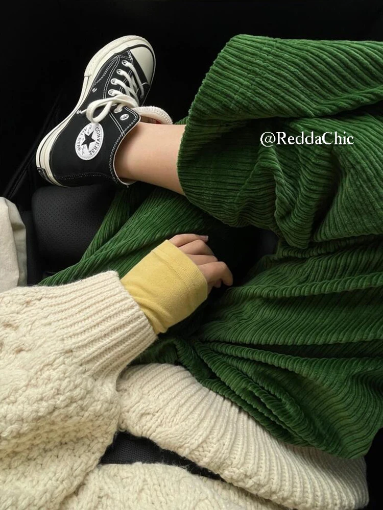 REDDACHiC 90s Retro Green Women Corduroy Pants Loose Casual High Rise Striped Wide Leg Trousers Going Out Fall Winter Streetwear