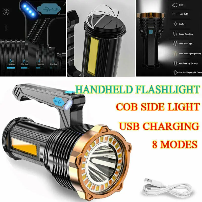 Portable LED+COB Flashlight USB Rechargeable Camping Torch Outdoor Spotlight Hand Held Searchlight Waterproof Lantern with Hook