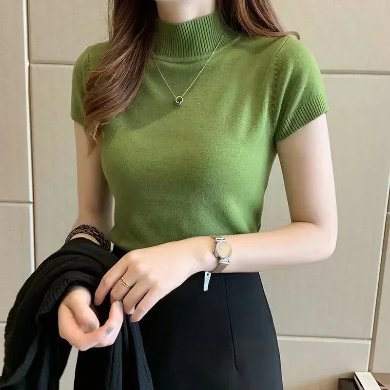 Korean Version Half Turtleneck Slim Knitted T-shirt For Women Elegant Solid Short Sleeve Casaul Versatile Summer Pullover Tops