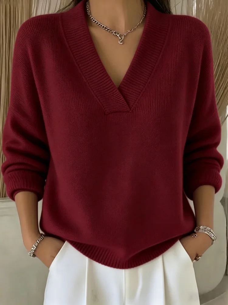 Europäische und amerikanische Plus-Size-Damenbekleidung, Herbst- und Winter-High-End-eleganter, lässiger, weicher Pullover mit V-Ausschnitt für Damen – Detail 5