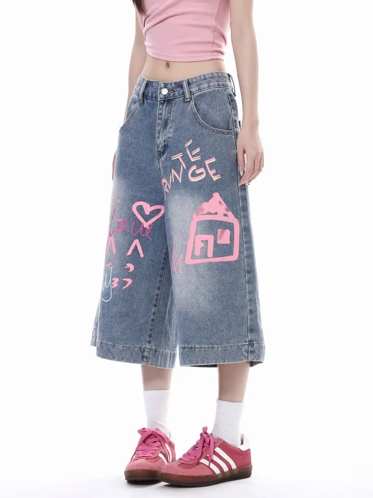 Pantalones cortos de mezclilla con estampado de grafiti Retro americano para mujer, novedad de verano, pantalones cortos holgados rectos de pierna ancha y cintura alta de 7 puntos