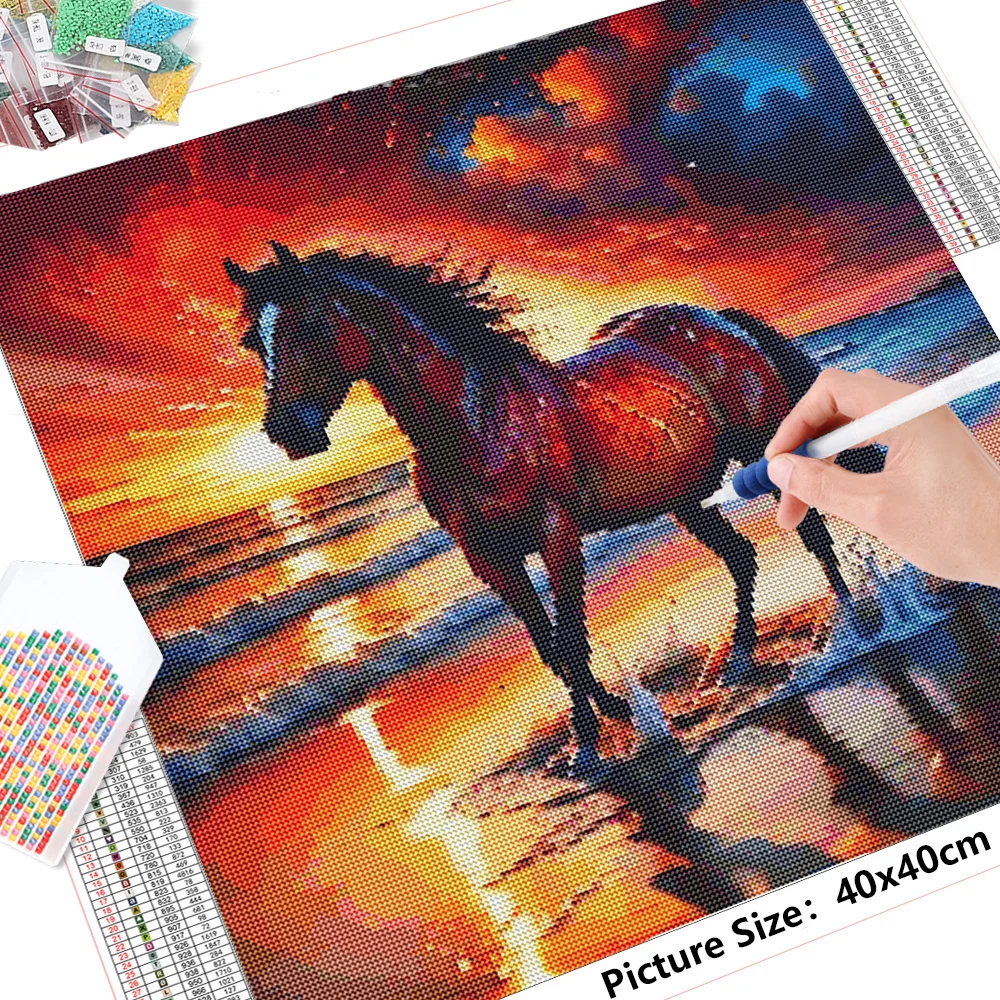 HUACAN Full Diamond Painting Animal Horse New Arrivals Diamond Mosaic Sunset Embroidery Beach Wall Decor Craft Kit