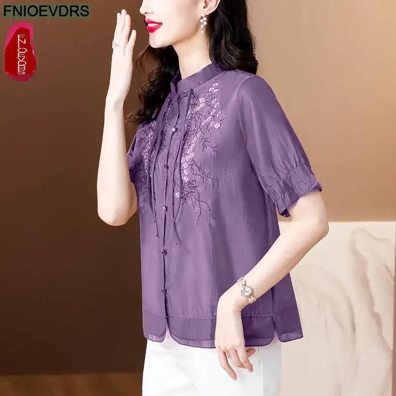 M-4XL-Tops morados con pajarita bordada para mujer, ropa básica de oficina con cuello levantado, camisas Retro Vintage elegantes, 2024