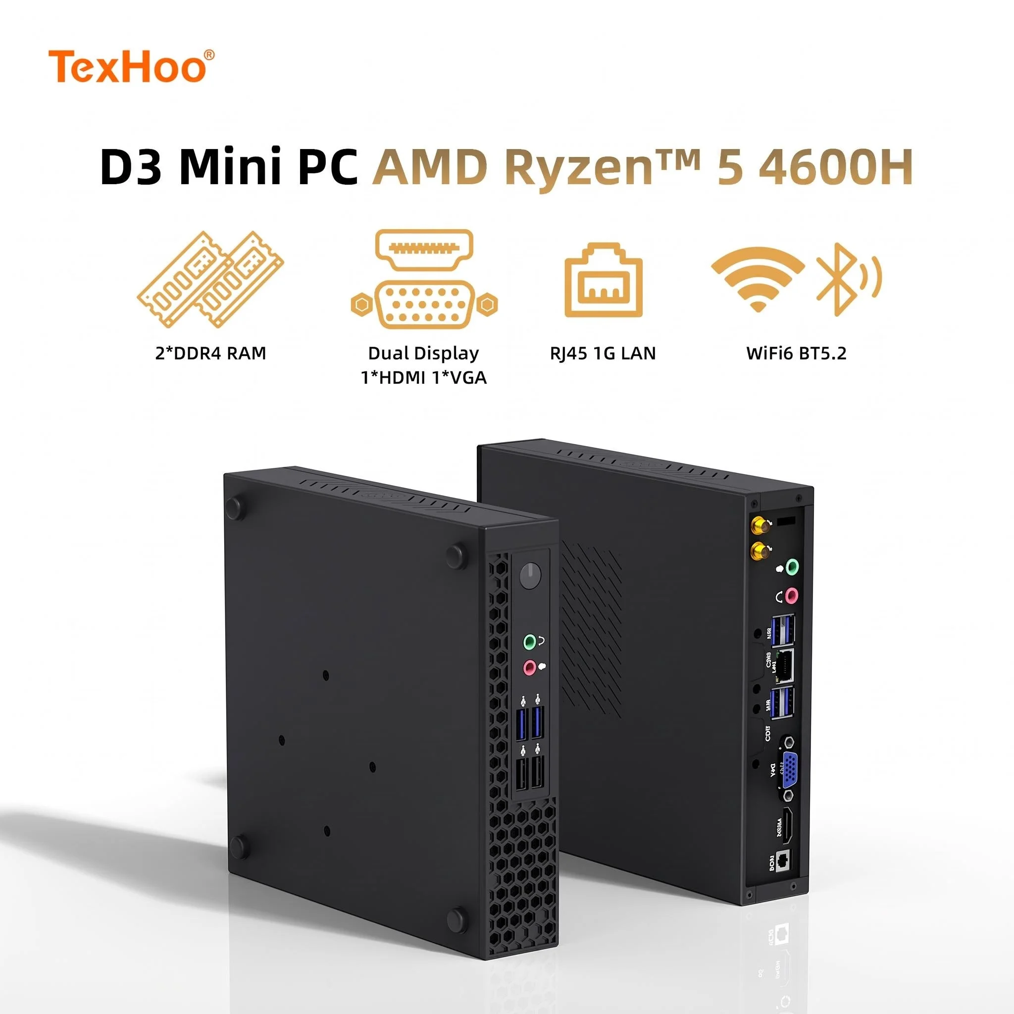 Texhoo MINI PC AMD Ryzen5 4600H Windows 11 16G DDR4 2666MHz 256G NVMe SSD デスクトップミニコンピューター WIFI6 BT5.2 HDMI VGA LAN*1