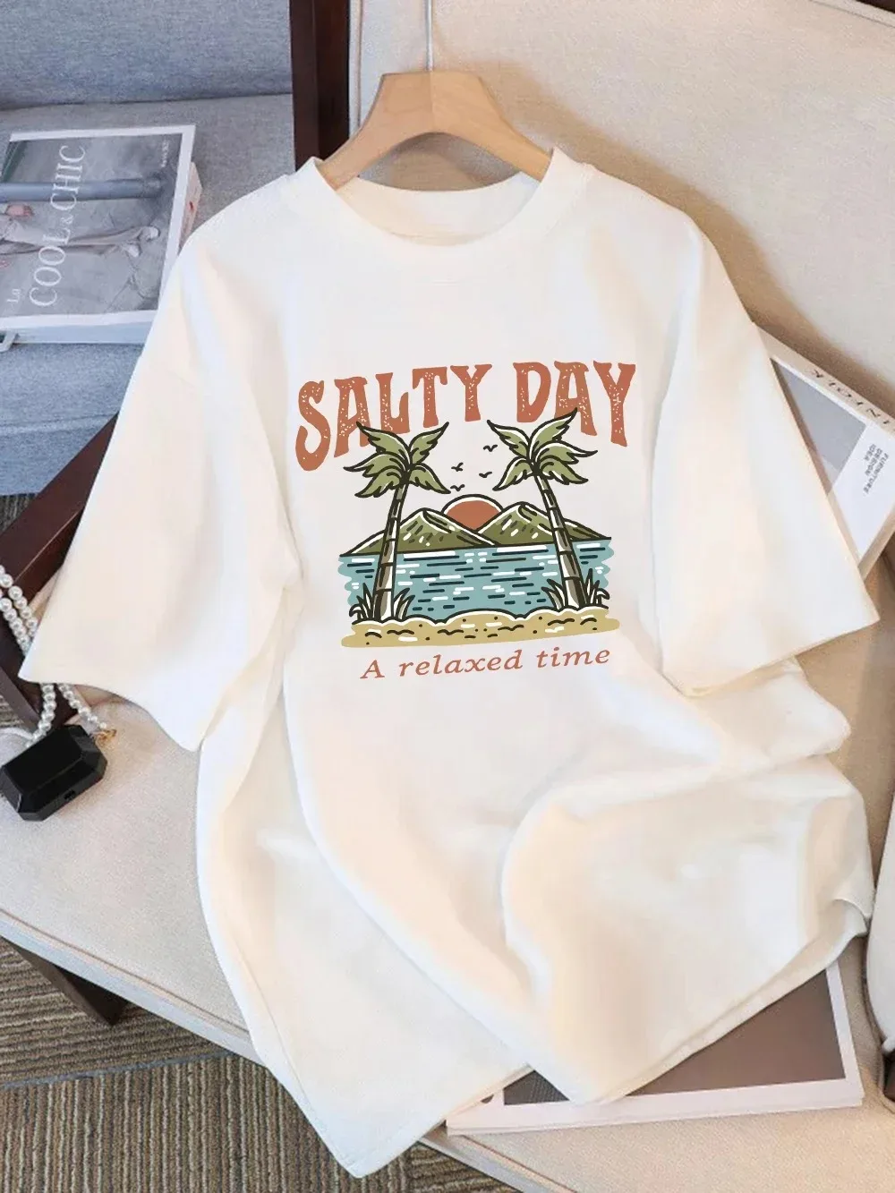 

100% Cotton Womens T-Shirts Summer Salty Day A Relax Time Coconut Tree Beach Prints T Shirt Soft Loose O-Neck Tops Basic Clothes